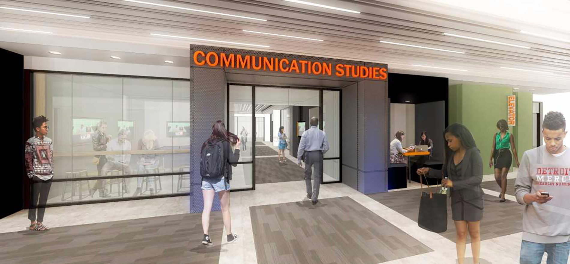 rendering of communication studies entrance with a variety of students walking in and around