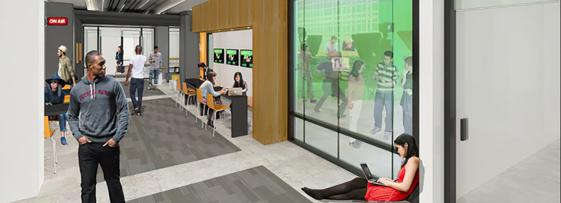 rendering center hallway with students walking around the area with one wall being open as a window