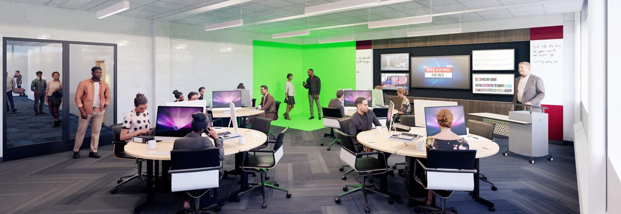 Communication Studies lab rendering with dozens of students in a room with a green screen sitting at working on computers