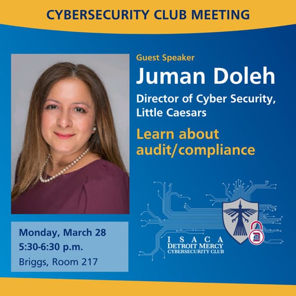 Juman Doleh March 28 event information. Monday, March 3 from 5:30-6:30 p.m. in Briggs 217.jpg