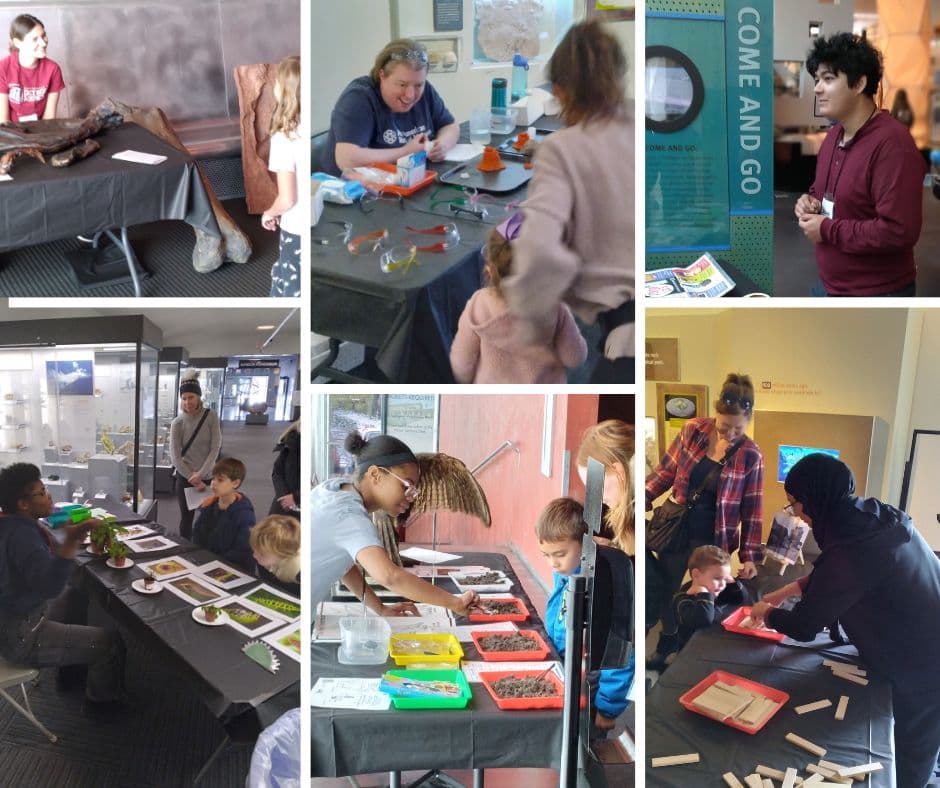 Collage of students enrolled in Museum Education and Interpretation interacting with visitors at science activity tables throughout the Cranbrook Institute of Science
