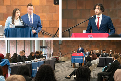 Law Day 2022 Students performing moot court in the Student Union cross examination